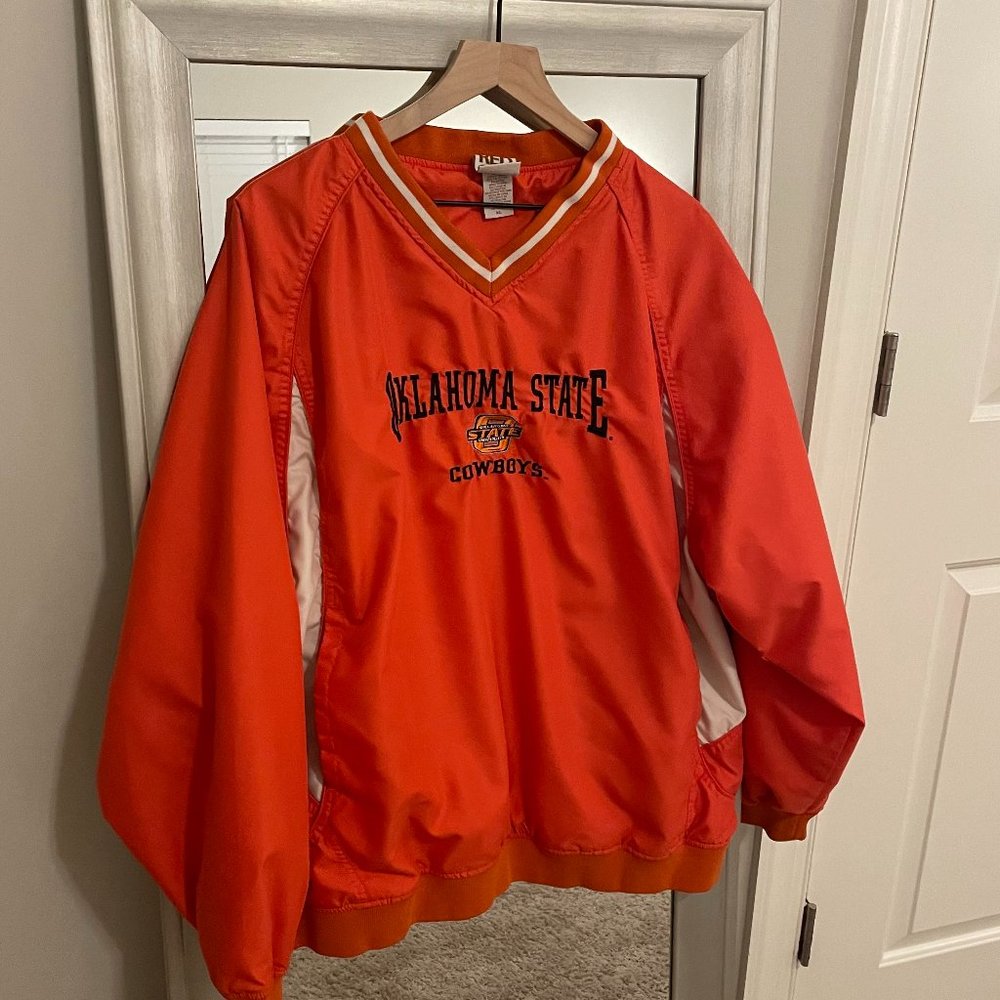 VTG Red Oak Men's Orange Oklahoma State Cowboys V Neck Lined Pullover Jacket XL